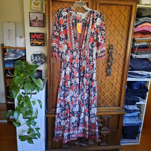 V Neck Tie-Waist Floral Bohemian Maxi Dress Flowy Ruffle w/Slit NWT! - Size S - Picture 2 of 16
